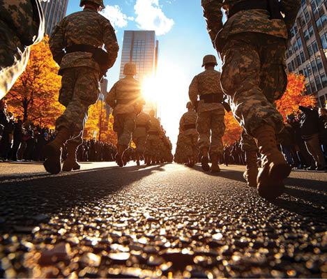 Soldiers march proudly during a Veterans Day parade, showcasing discipline and unity under a vibrant autumn sky, commemorating service and sacrifice.