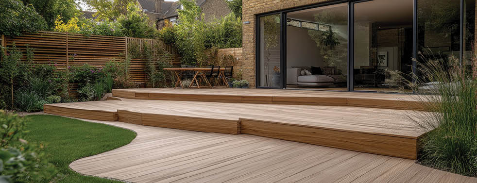 Exterior view of a back garden patio area featuring wood decking, ideal for outdoor living spaces.